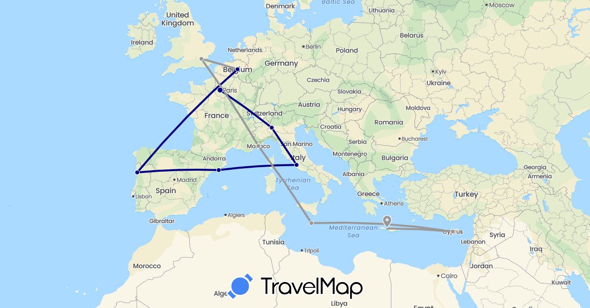 TravelMap itinerary: driving, plane in Belgium, Cyprus, Spain, France, United Kingdom, Greece, Italy, Monaco, Malta, Portugal (Asia, Europe)